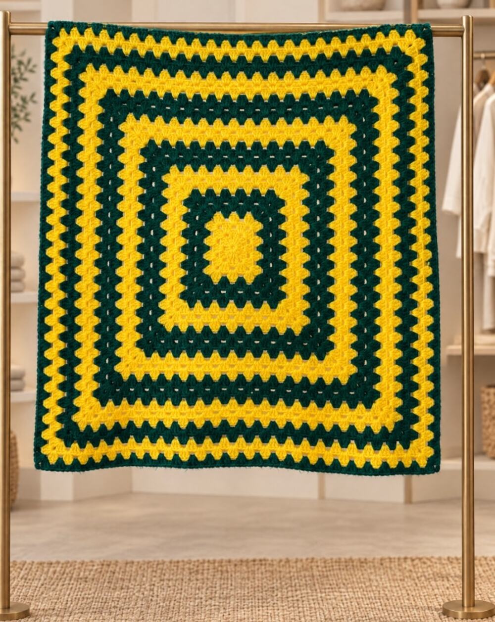 Handmade Crochet Baby Blanket Green Yellow Square Lap Throw Retro Lapghan